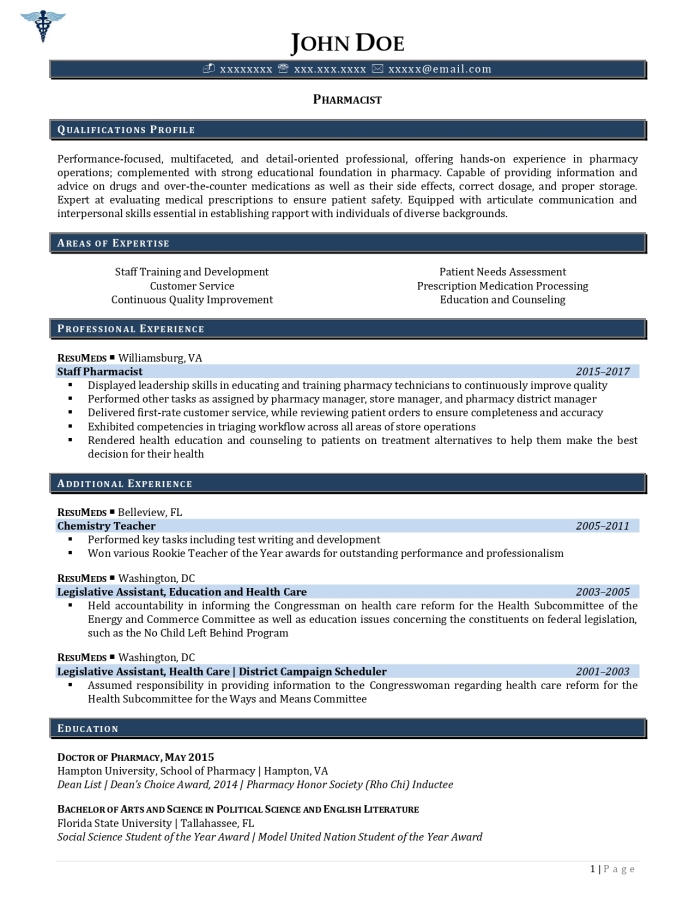 pharmacist resume example page 1