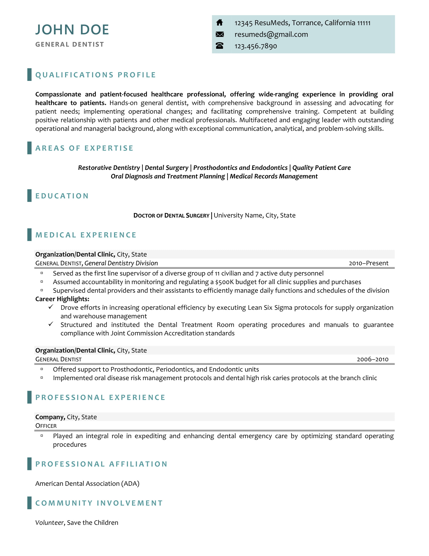 Dentist resume sample with medical and professional experience