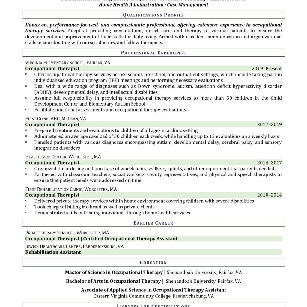 Occupational therapist resume sample