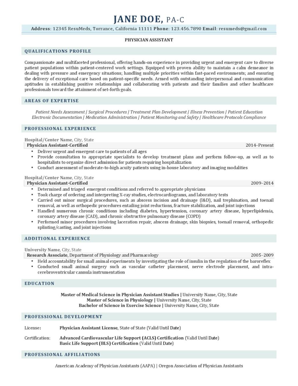Physician assistant resume example prepared by ResuMeds