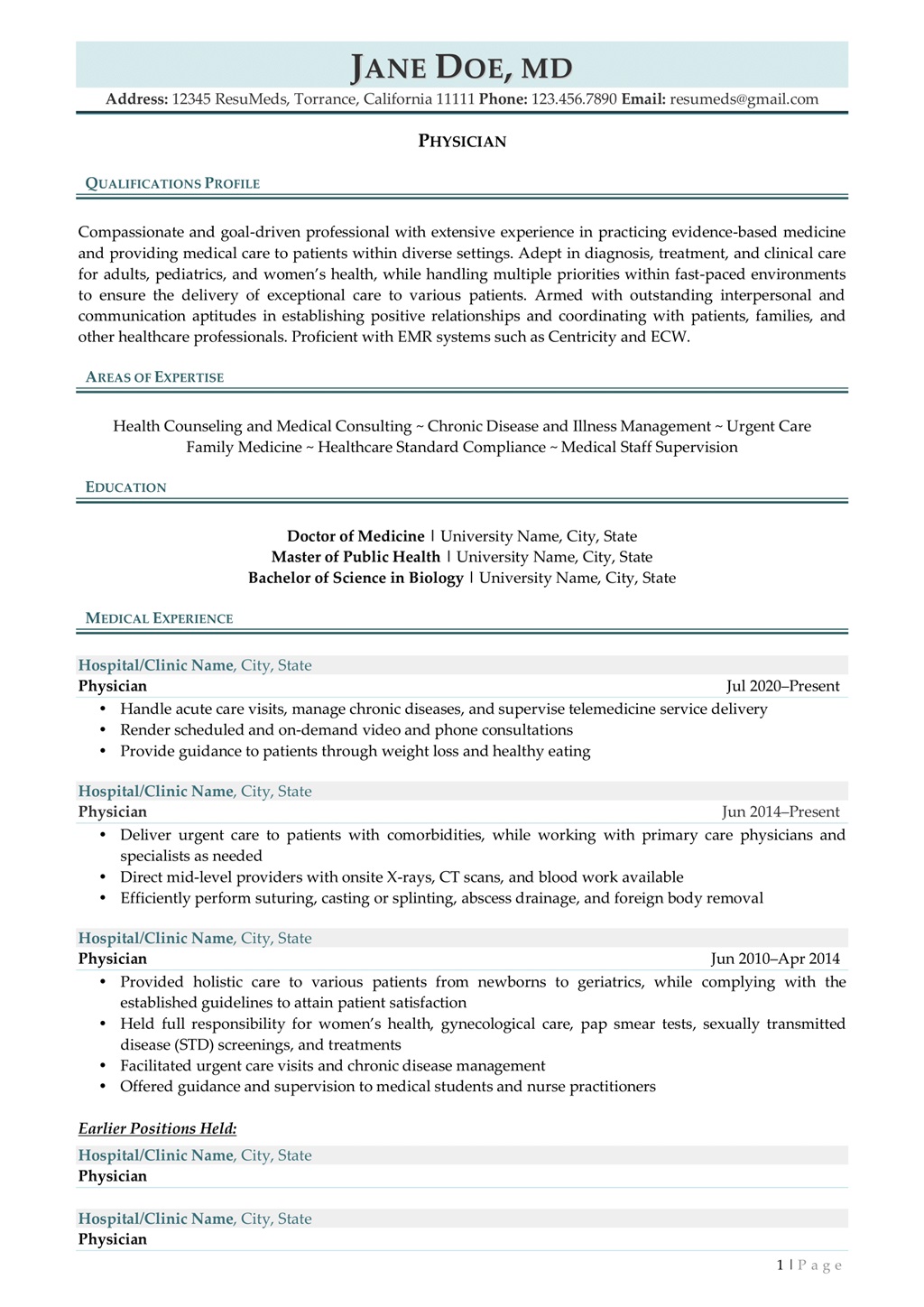 physician CV example page one