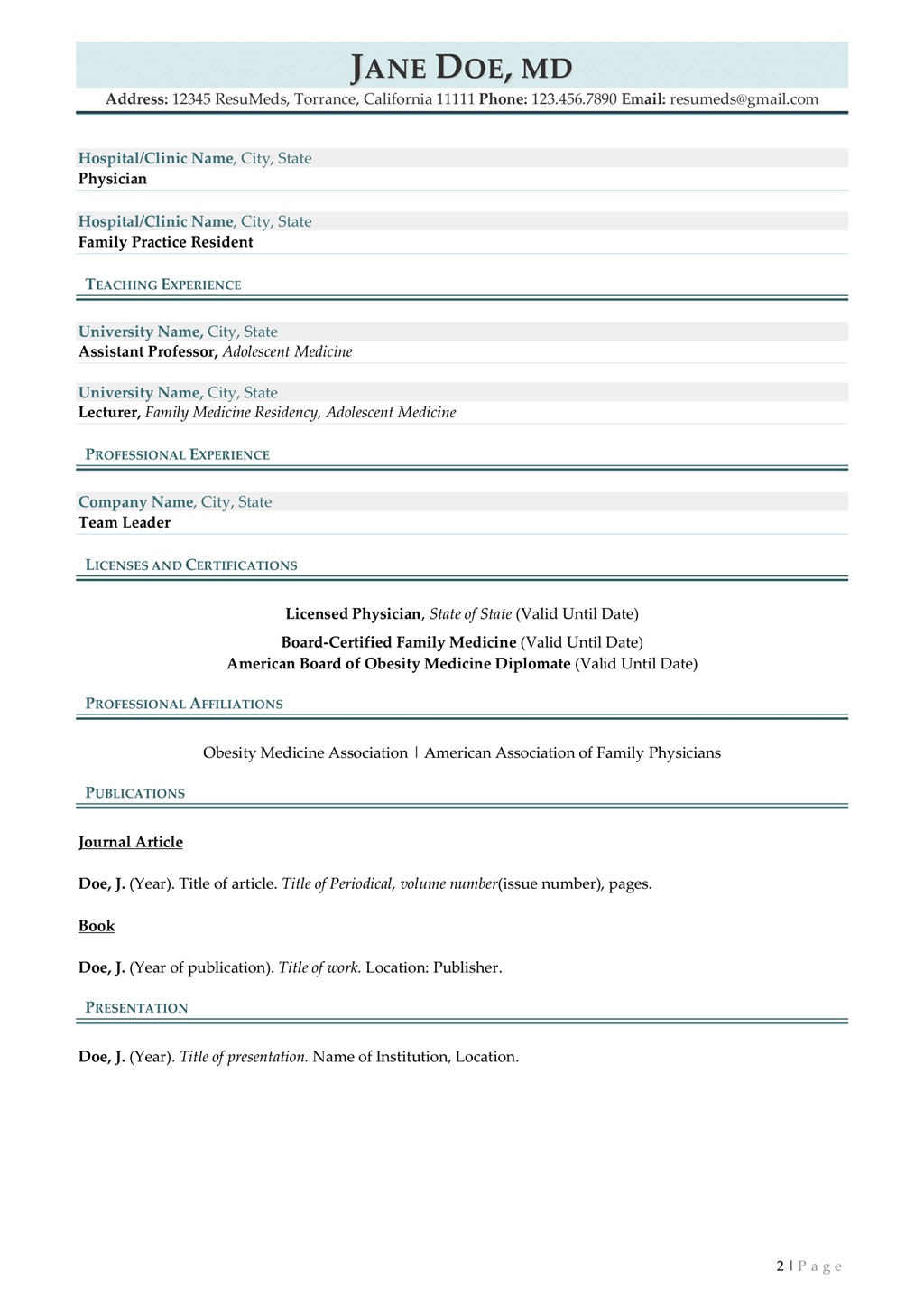 physician CV example page two