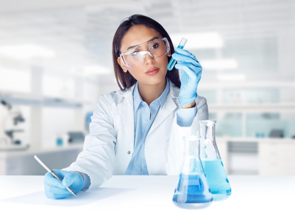 A woman pursue medical technology career doing lab test.