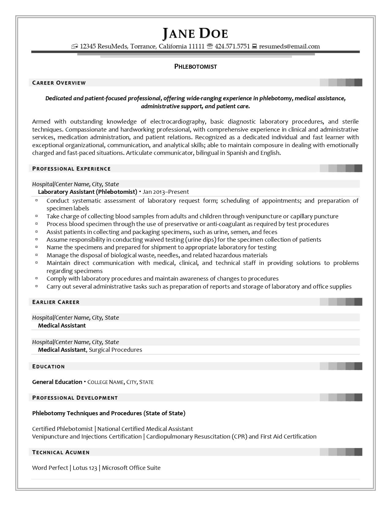 ResuMeds phlebotomist resume example