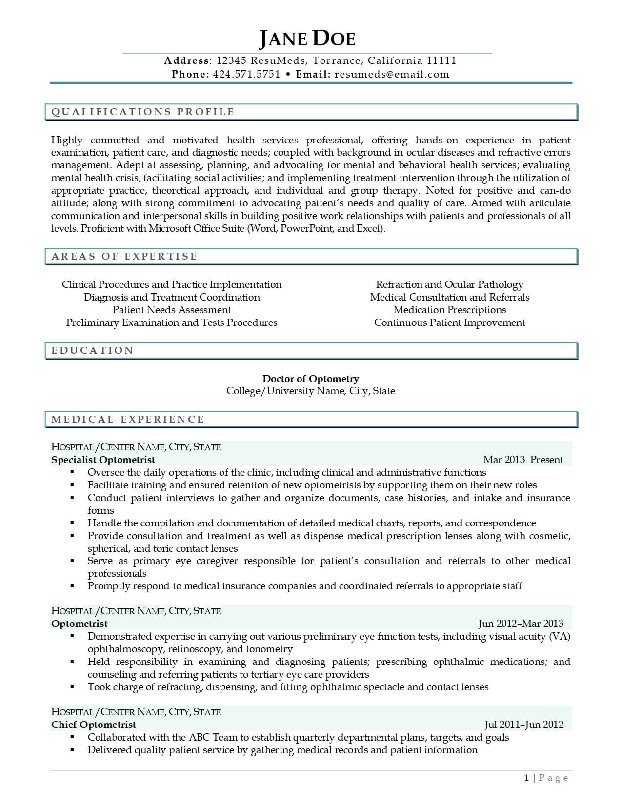 resumeds optometrist resume example page 0001
