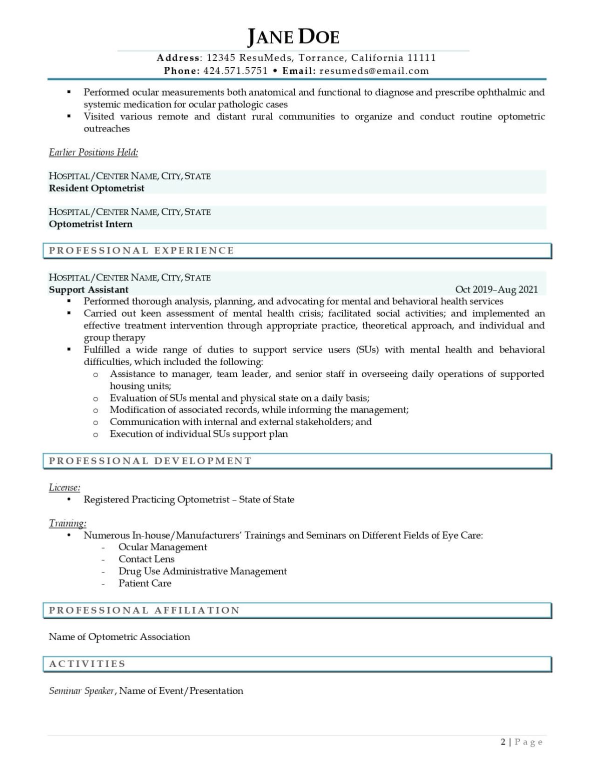 Optometrist Resume Sample Effective - Resumeds Optometrist Resume Example Page 0002 1187x1536