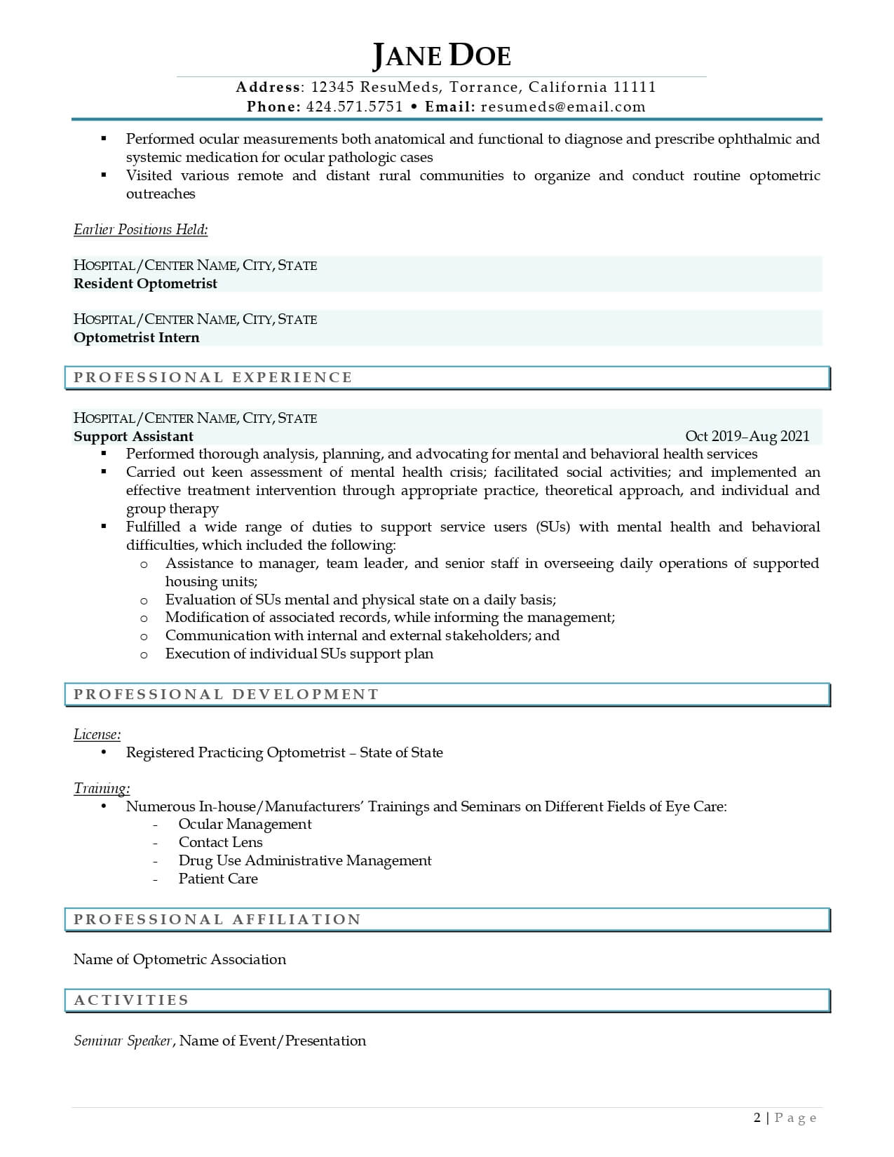 resumeds optometrist resume example page 0002