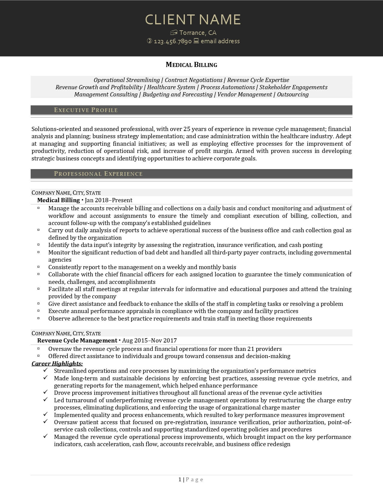 RM medical billing resume example page one
