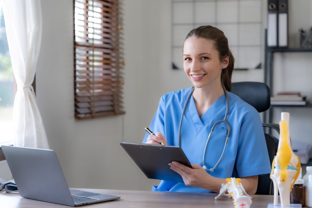 a medical billing specialist working in a well-organized office