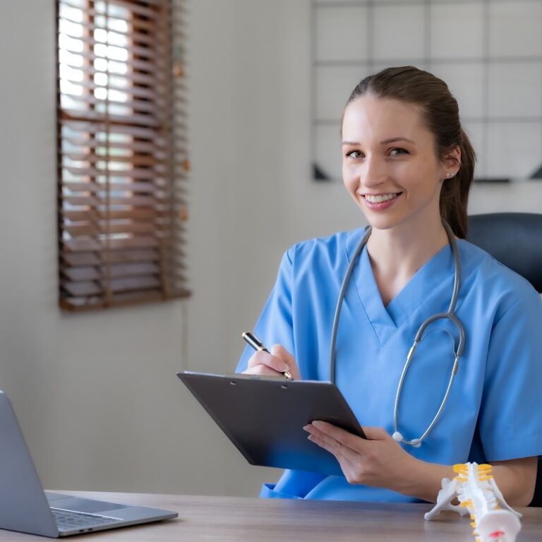 a medical billing specialist working in a well-organized office