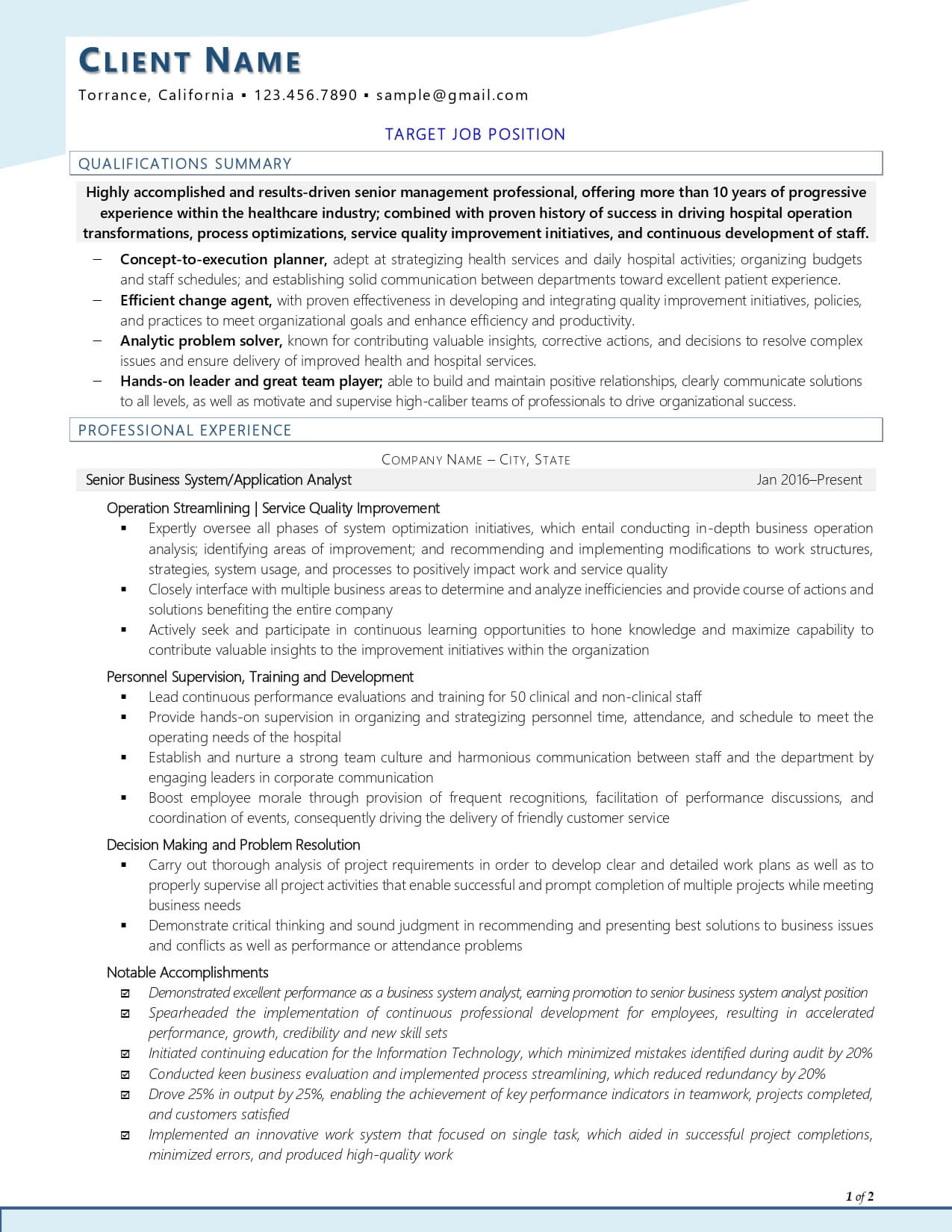 ResuMeds healthcare business analyst resume example page one