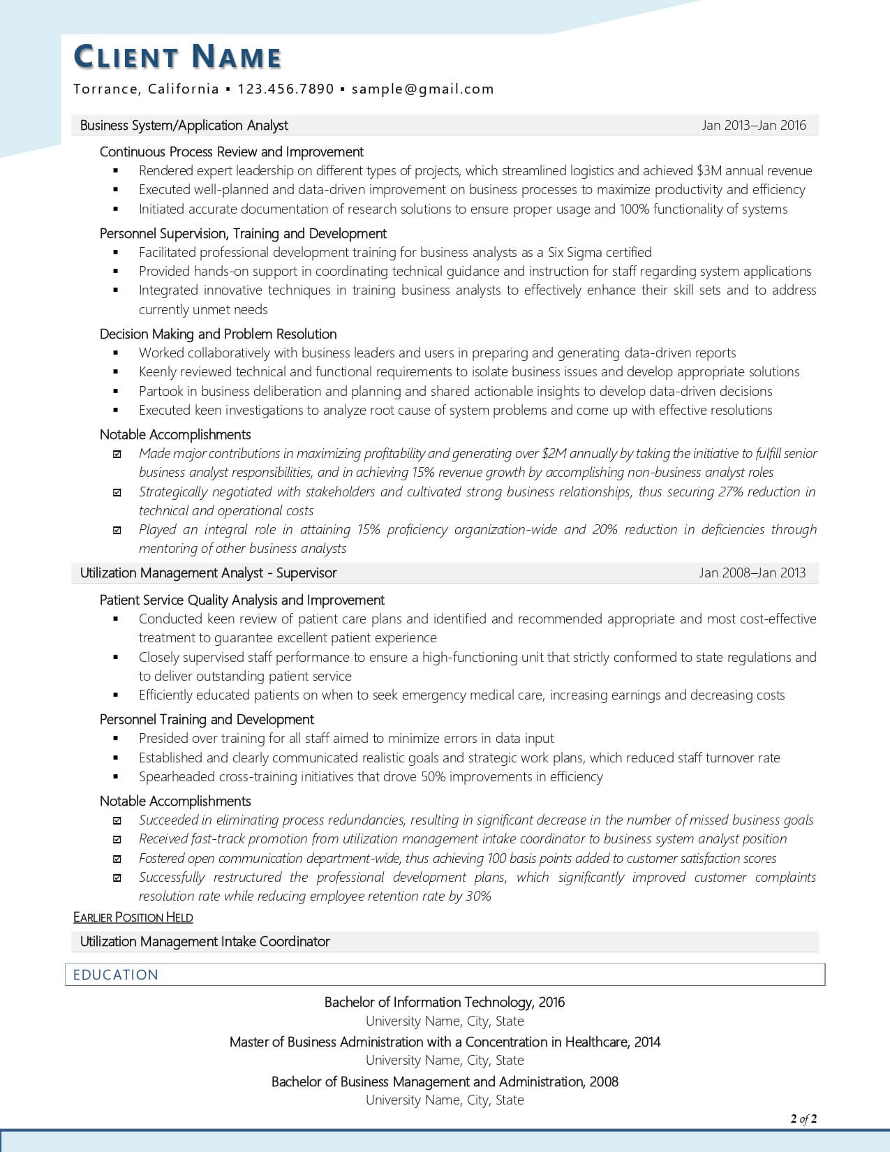 ResuMeds healthcare business analyst resume example_page two