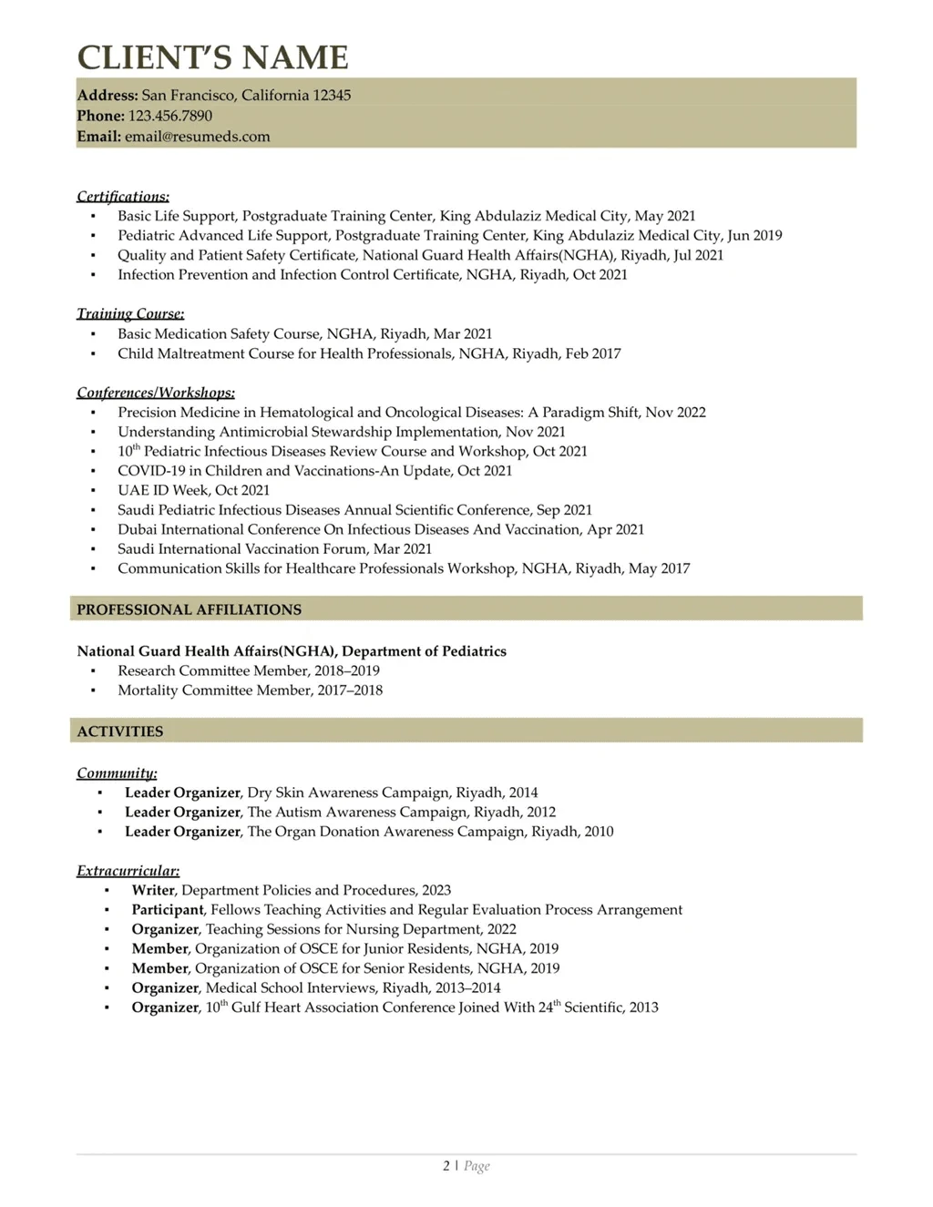 medical school resume example page two
