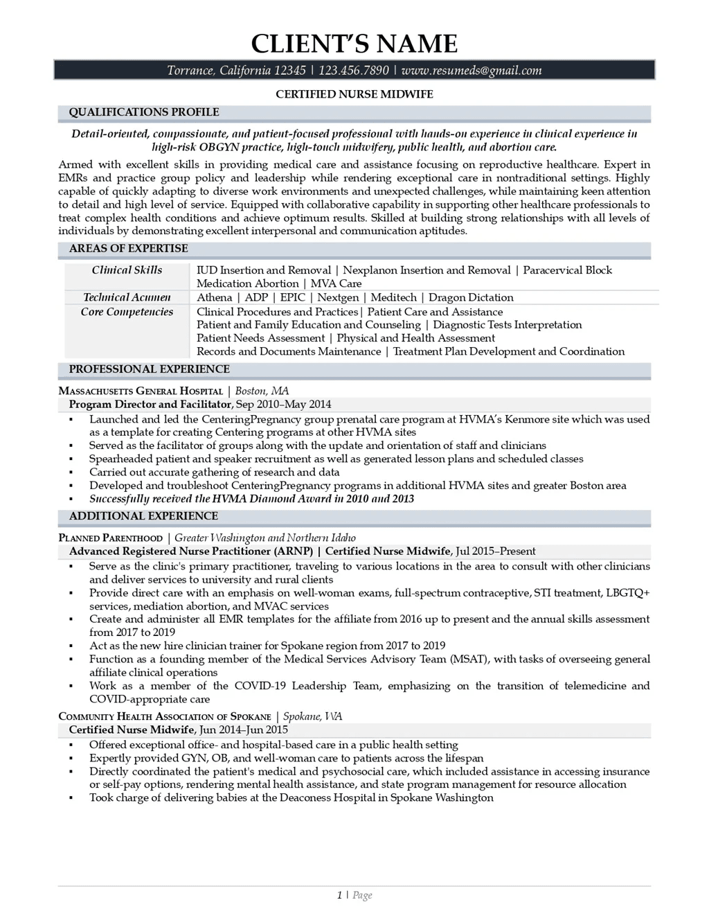 midwife resume example page one