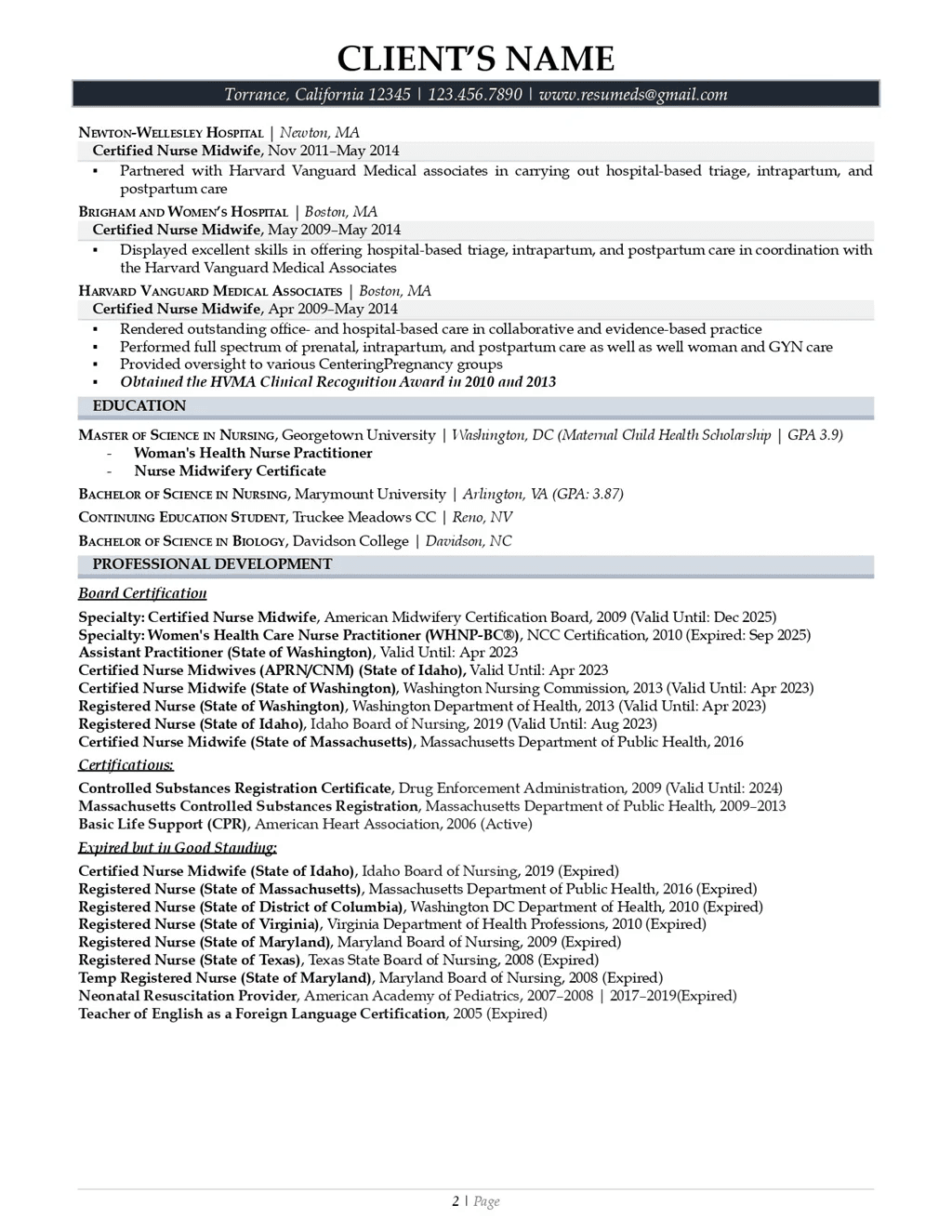 midwife resume example page two