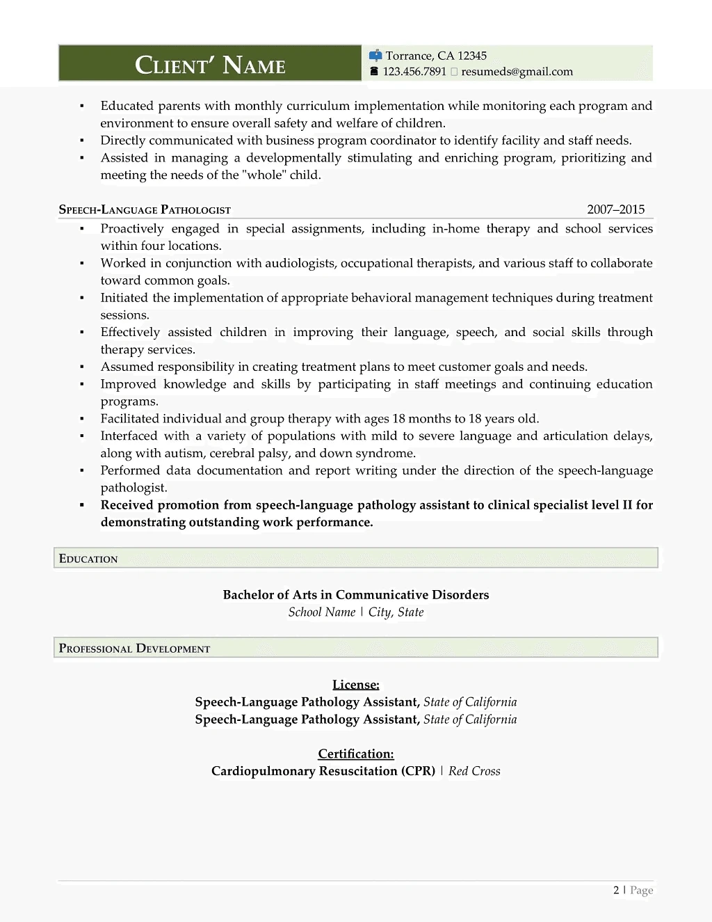 speech language pathologist resume sample two