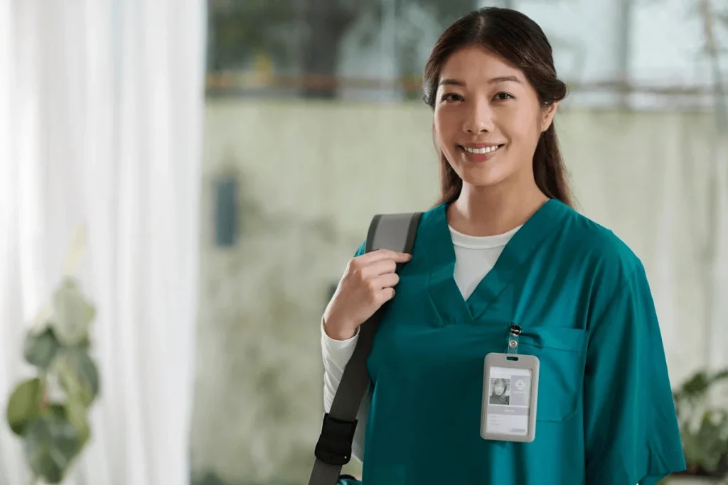 female travel nurse smiling