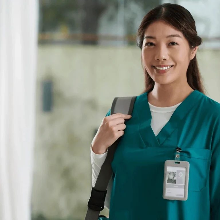 female travel nurse smiling