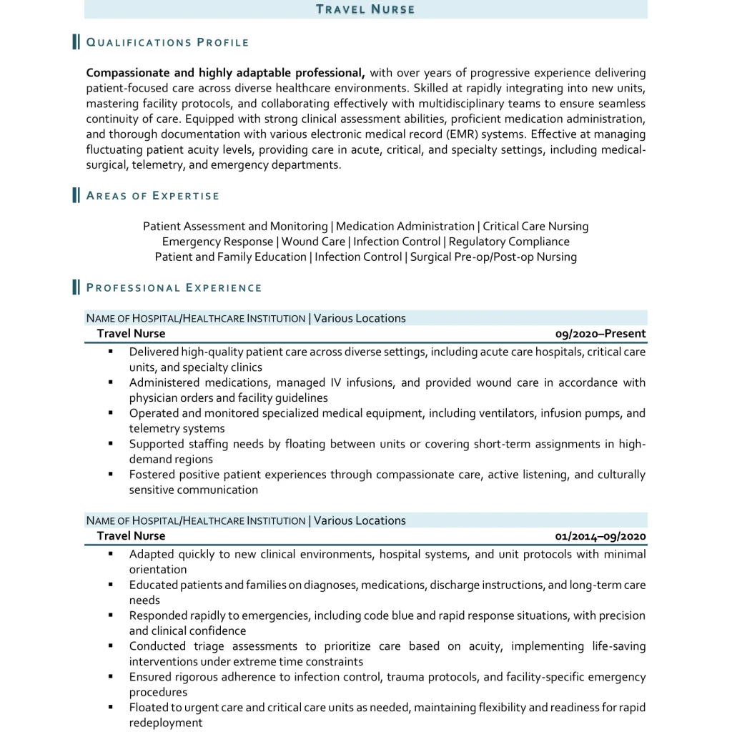travel nurse resume example II page 1