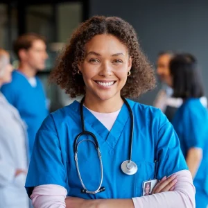 female nurse in blue scrubs smiling confidently, showcasing detail-oriented skills