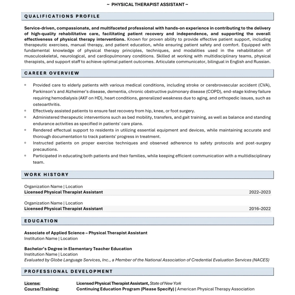 physical therapist assistant resume example page 1