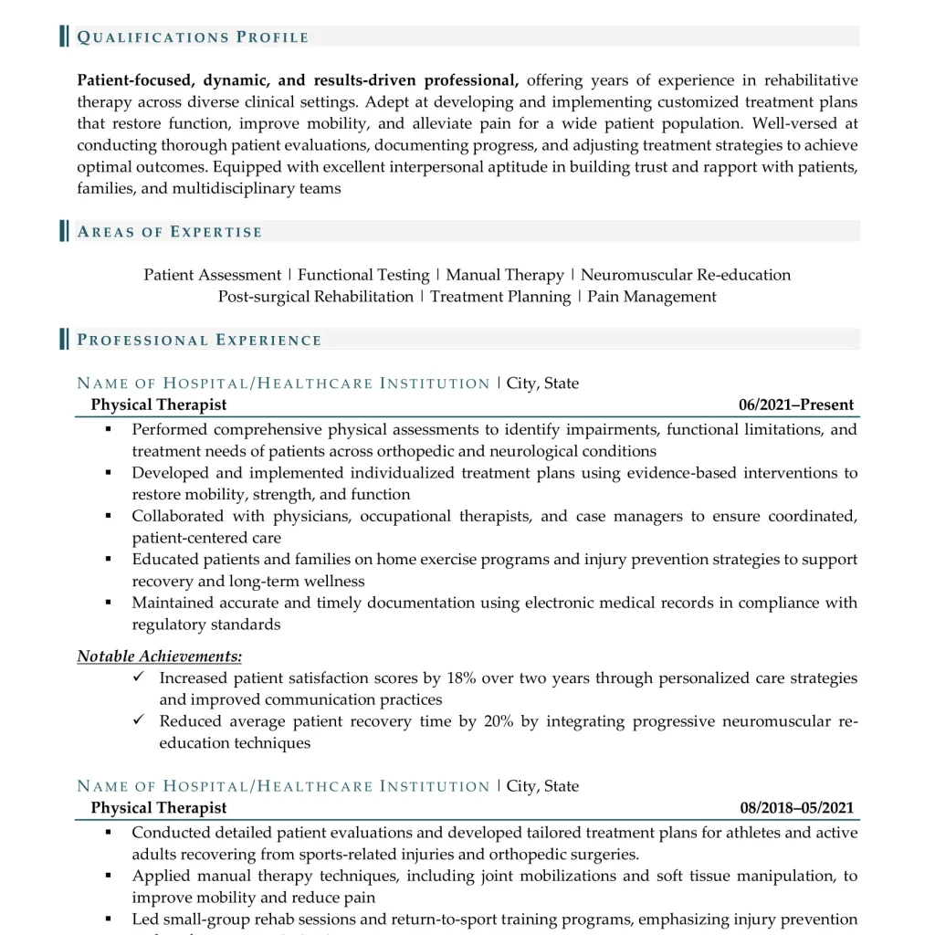 physical therapist resume example 2 page 1