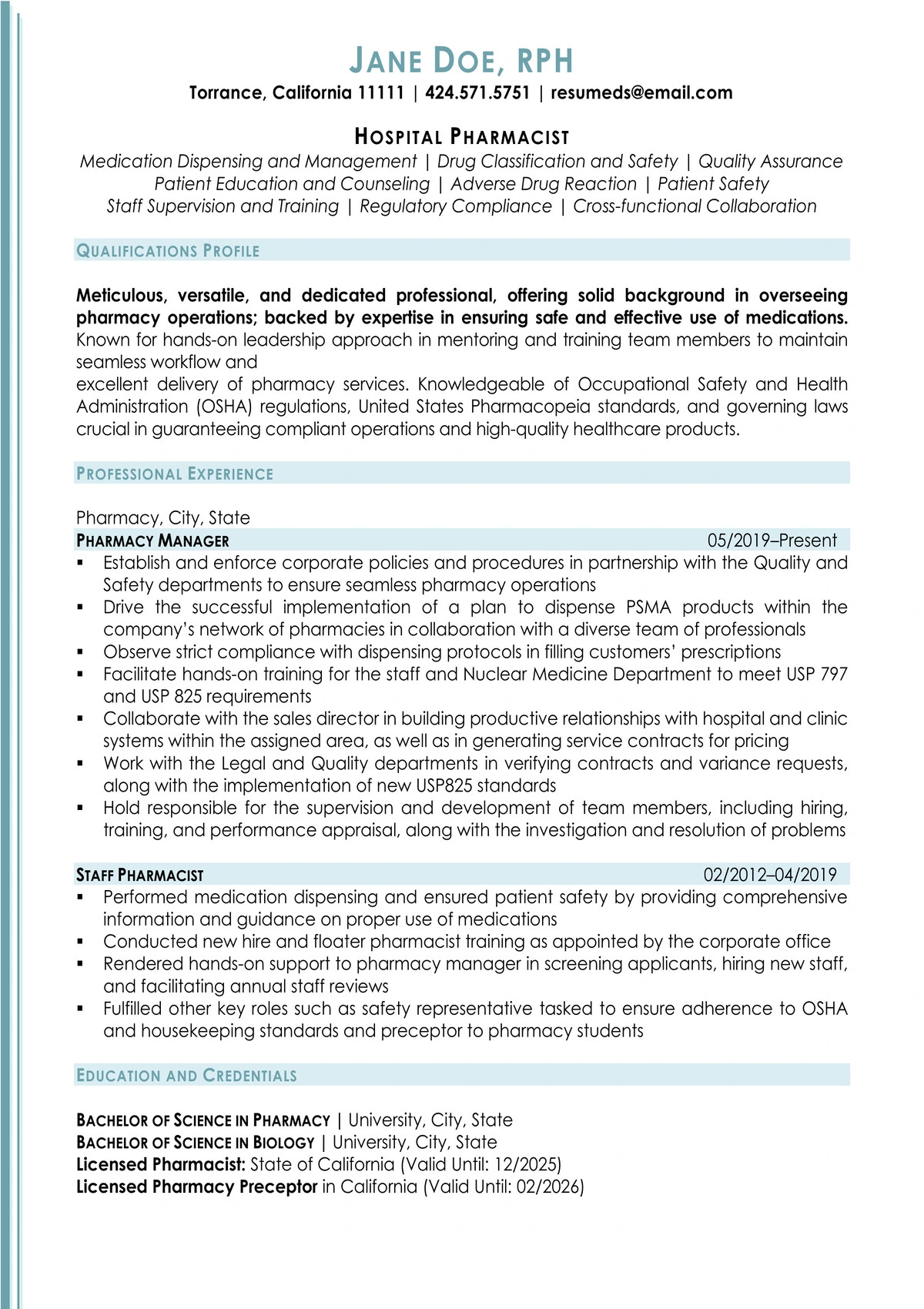 healthcare resume examples hospital pharmacist