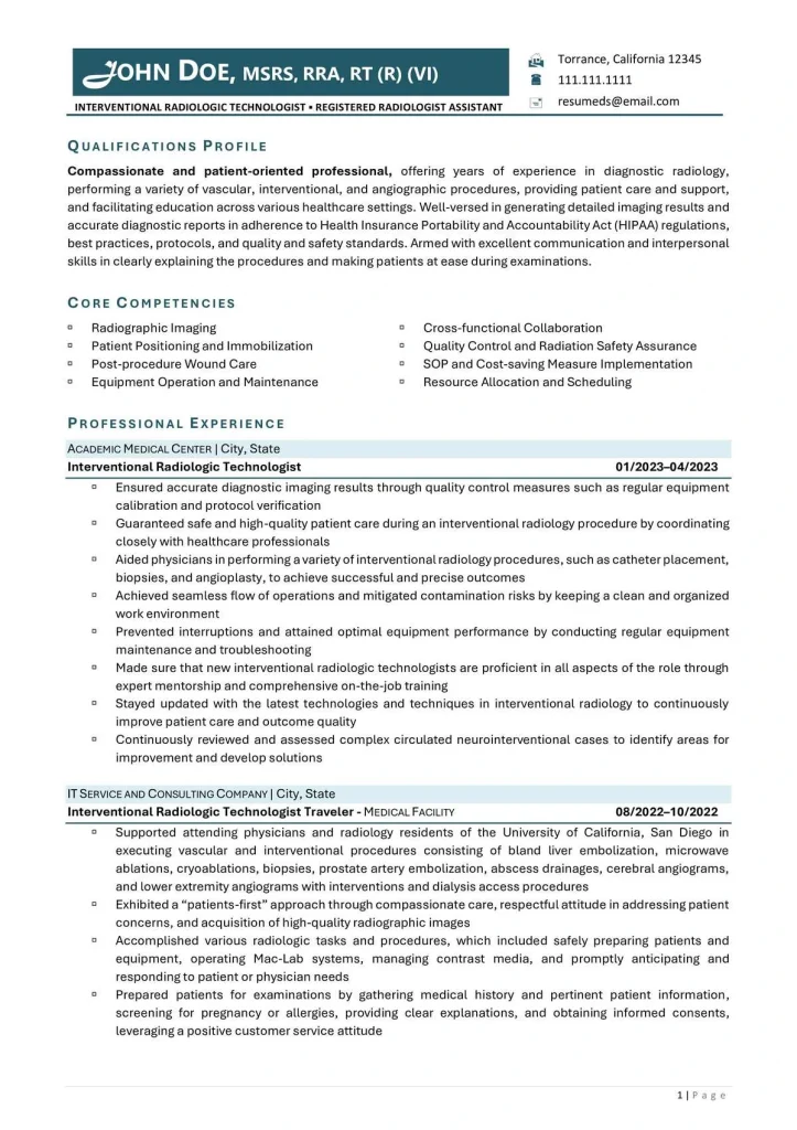 healthcare resume examples radiologic technologist page 1