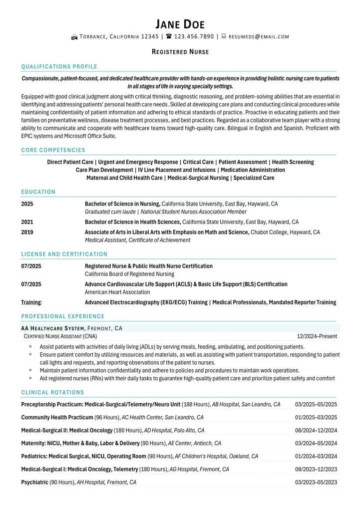 entry-level CNA resume example