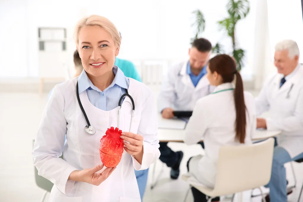female doctor holding heart model in clinic