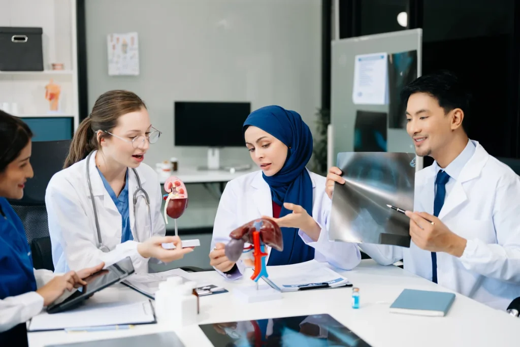 medical meeting and doctors with laptop